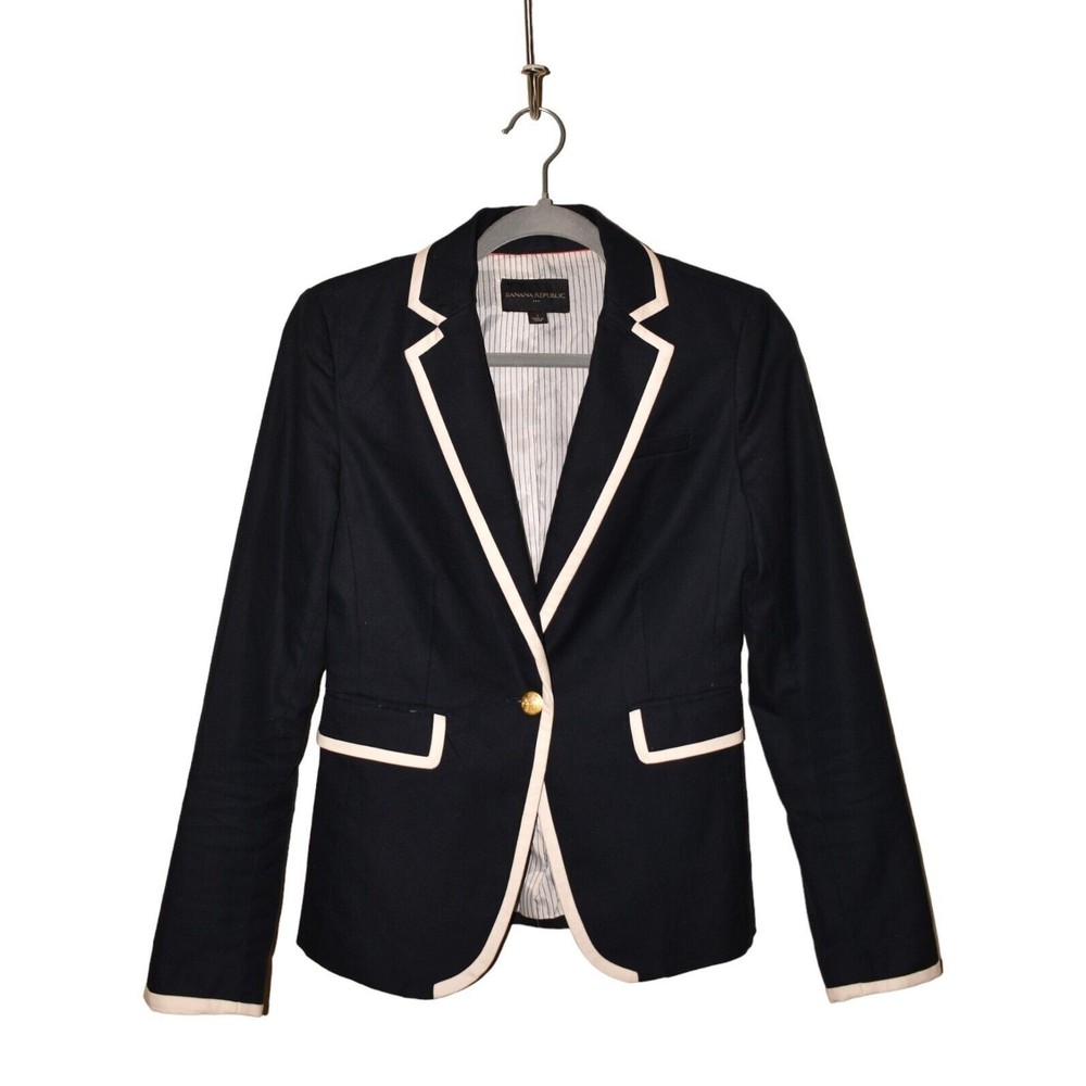 BANANA REPUBLIC $99 Structured Stretch Cotton Blazer Navy w/ White Trim Size 2